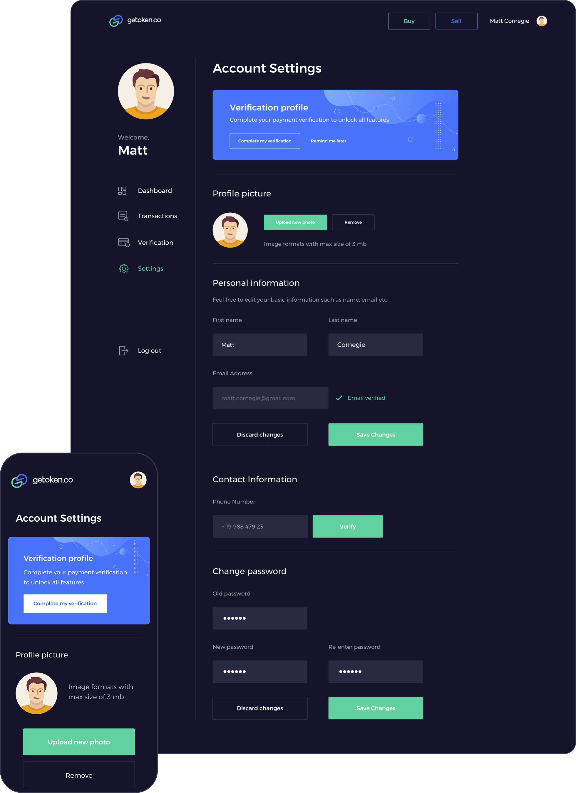 An account settings page of getoken project